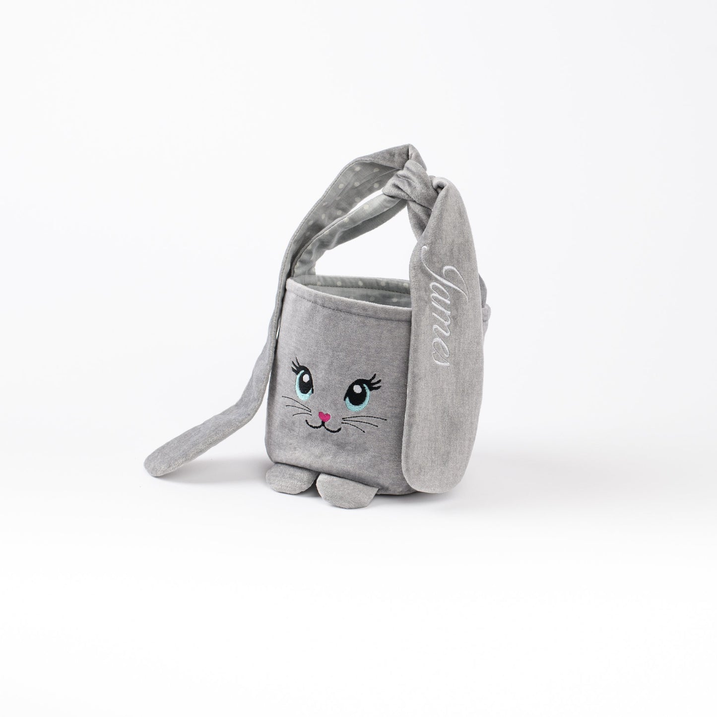 Easter bunny bag with name, First Easter bunny basket, Personalized kids Easter egg hunt bucket, Embroidered pink / gray children Easter bag