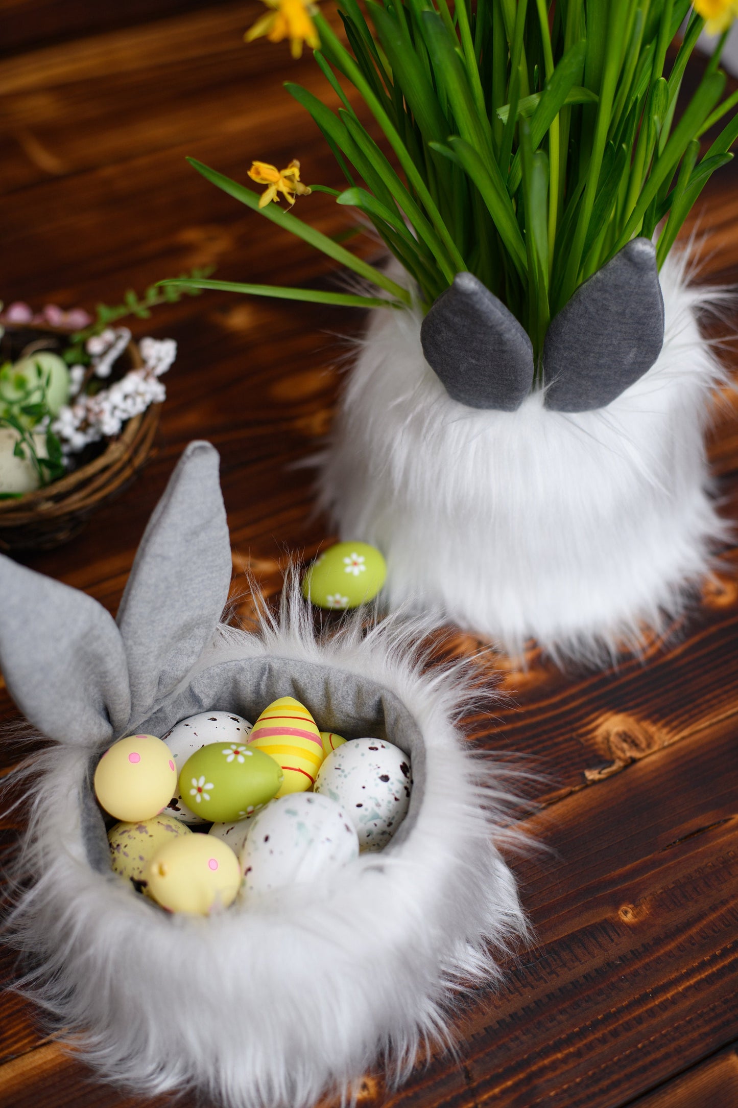 Easter bunny chair décor, Easter bunny table decorations, Cute reusable fur Easter bunny egg basket