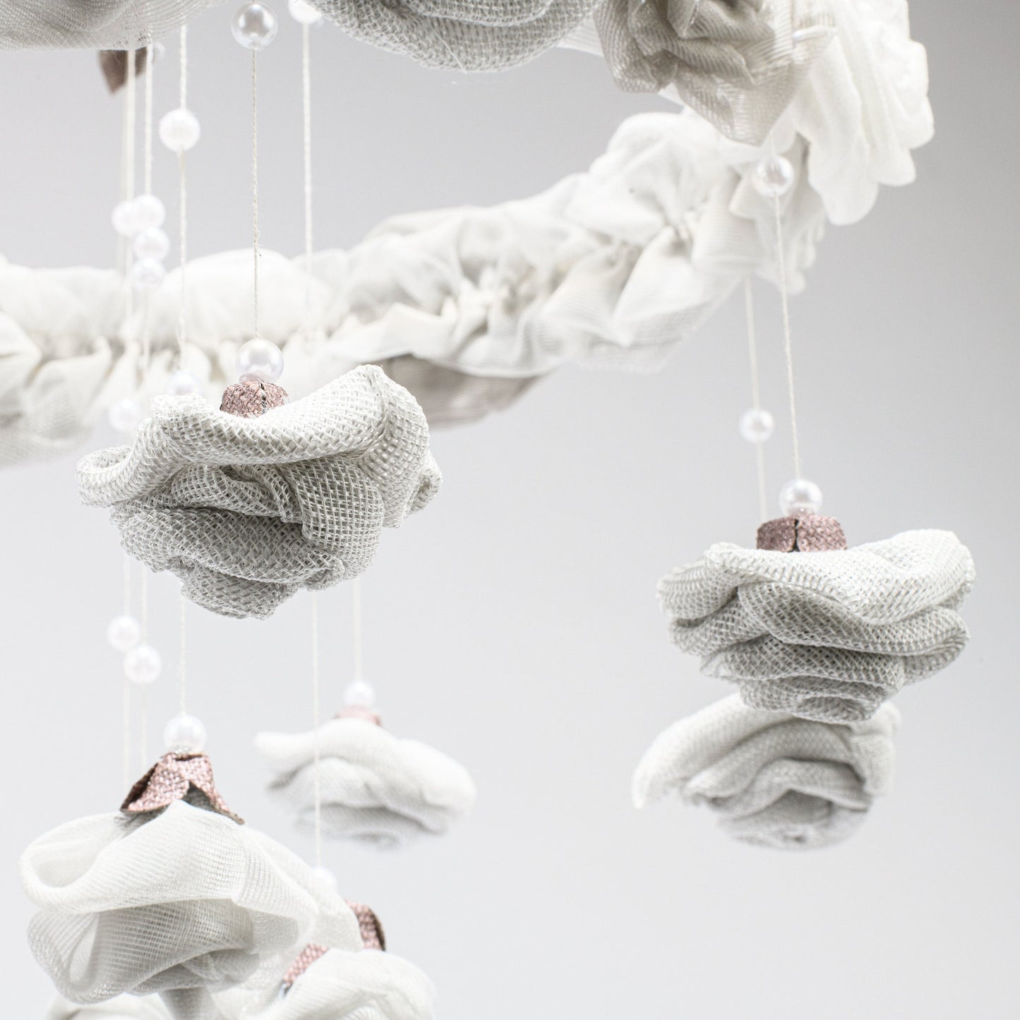 Flower mobile, Roses hanging garden, Elegant wedding rose and pearl chandelier, Nursery flower hanging décor, Baby shower mobile