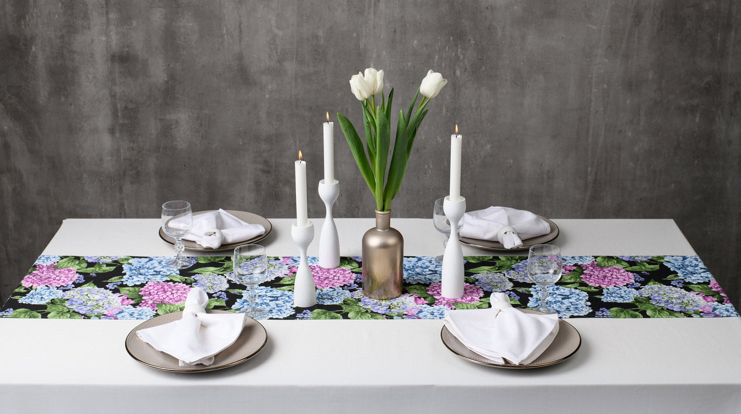 Floral table runner, Mother's day table runner inspired by nature, Blue Pink Hydrangea table centrepiece, Hydrangea flower gift idea