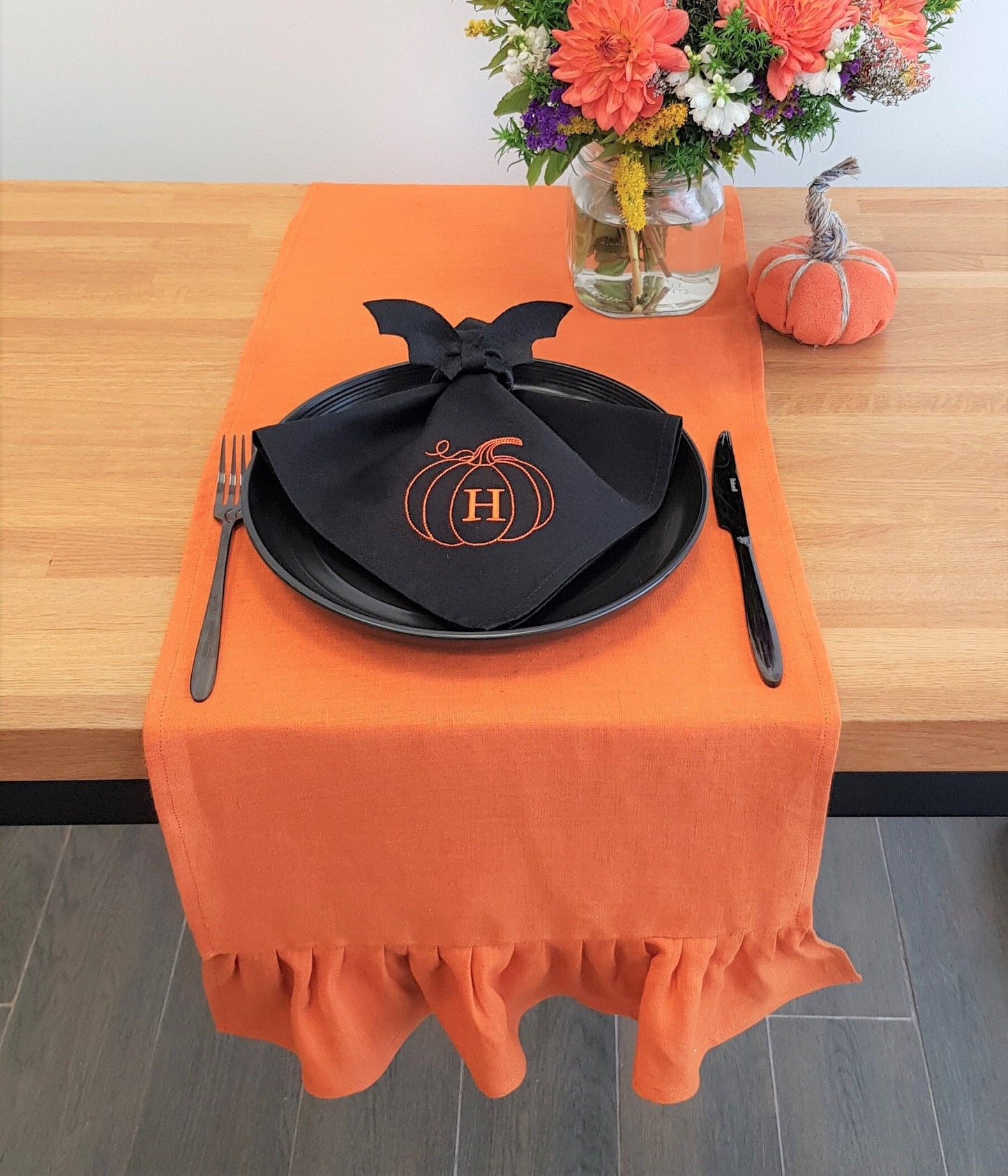 Orange linen table runner, Burnt orange table runner, Fall orange centerpiece, Buffalo orange table linen