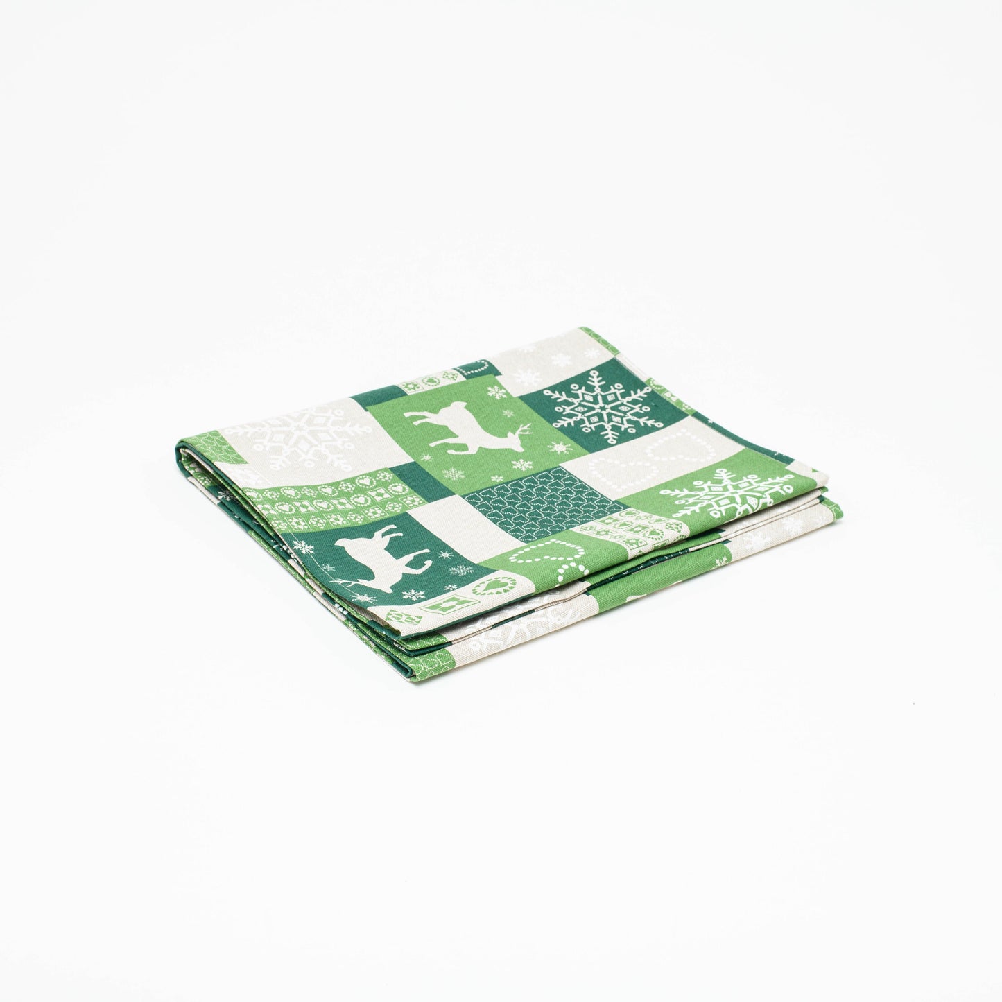 Reindeer table runner, Green Christmas table topper, Festive table decoration, Holiday table dresser, Cute snowflake table centerpiece