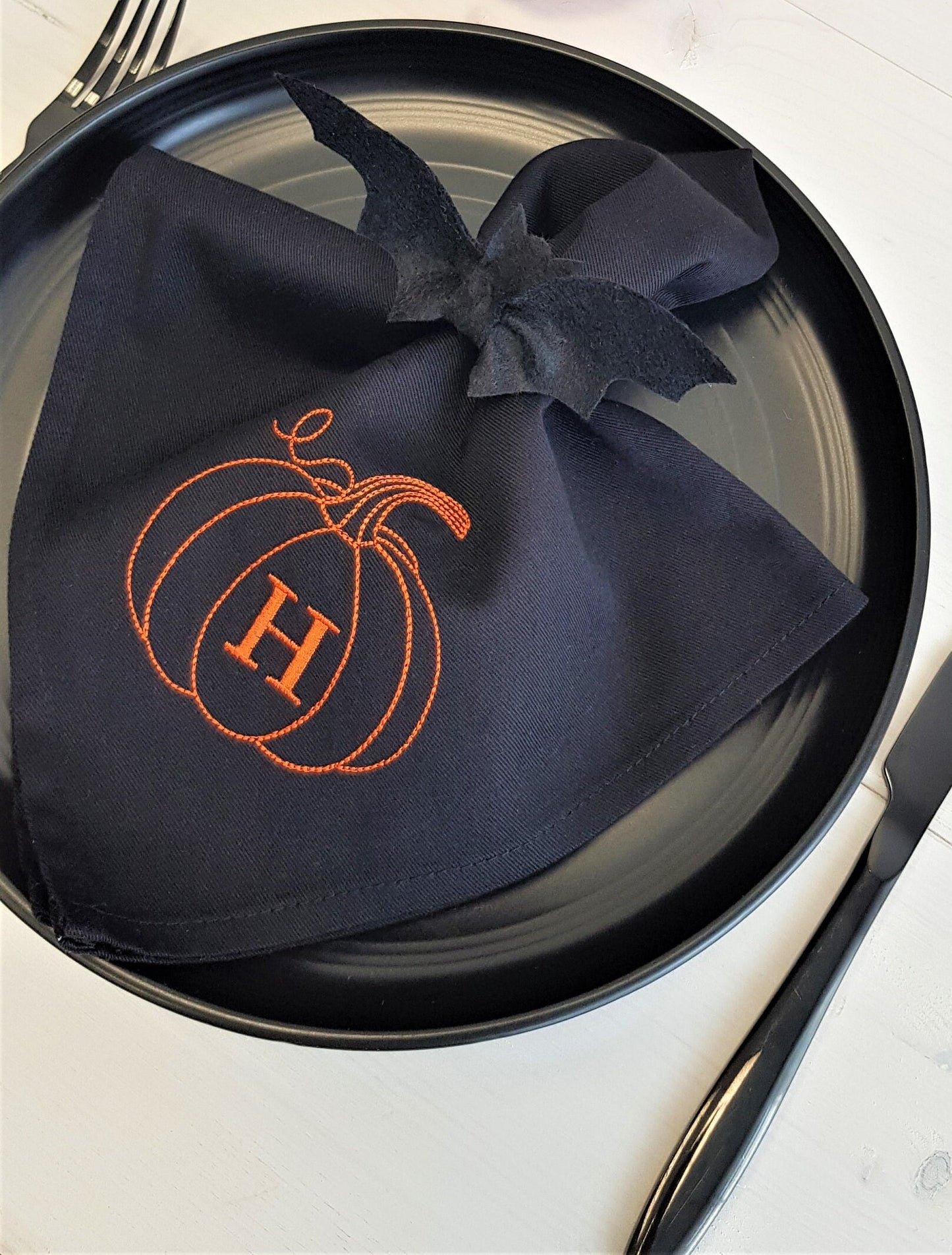 Black Halloween napkin with embroidered letter