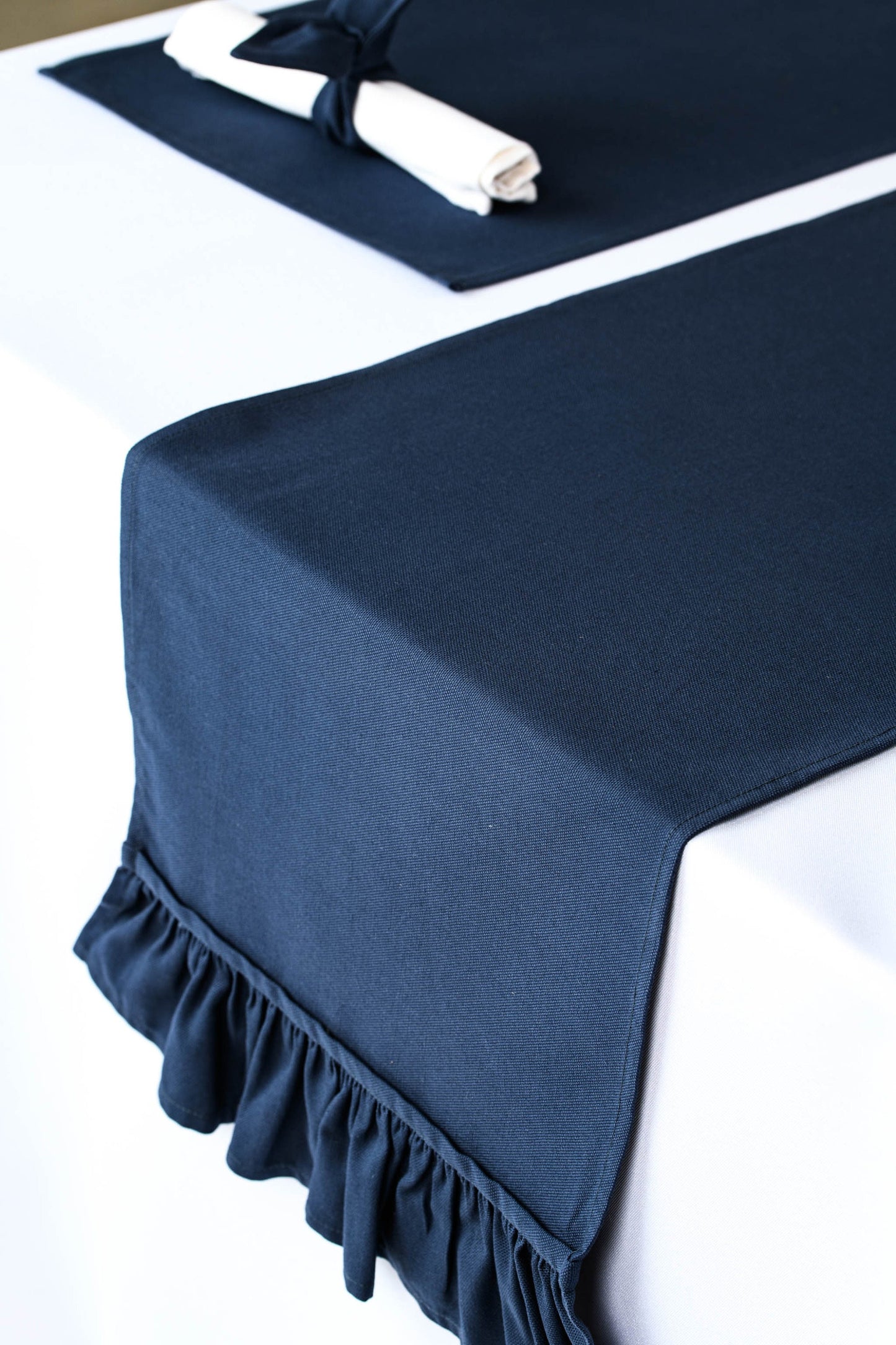 Navy blue linen table runner with ruffled ends, Blue wedding table centerpiece