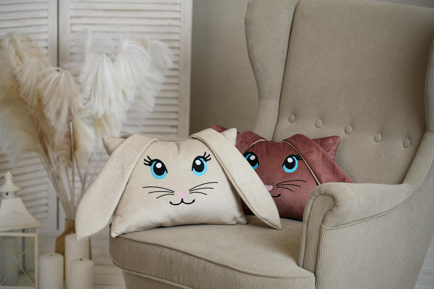 Cute velvet beige bunny cushion for kids room, Personalized baby girl boy room decoration, Embroidered Easter Bunny pillow with ears