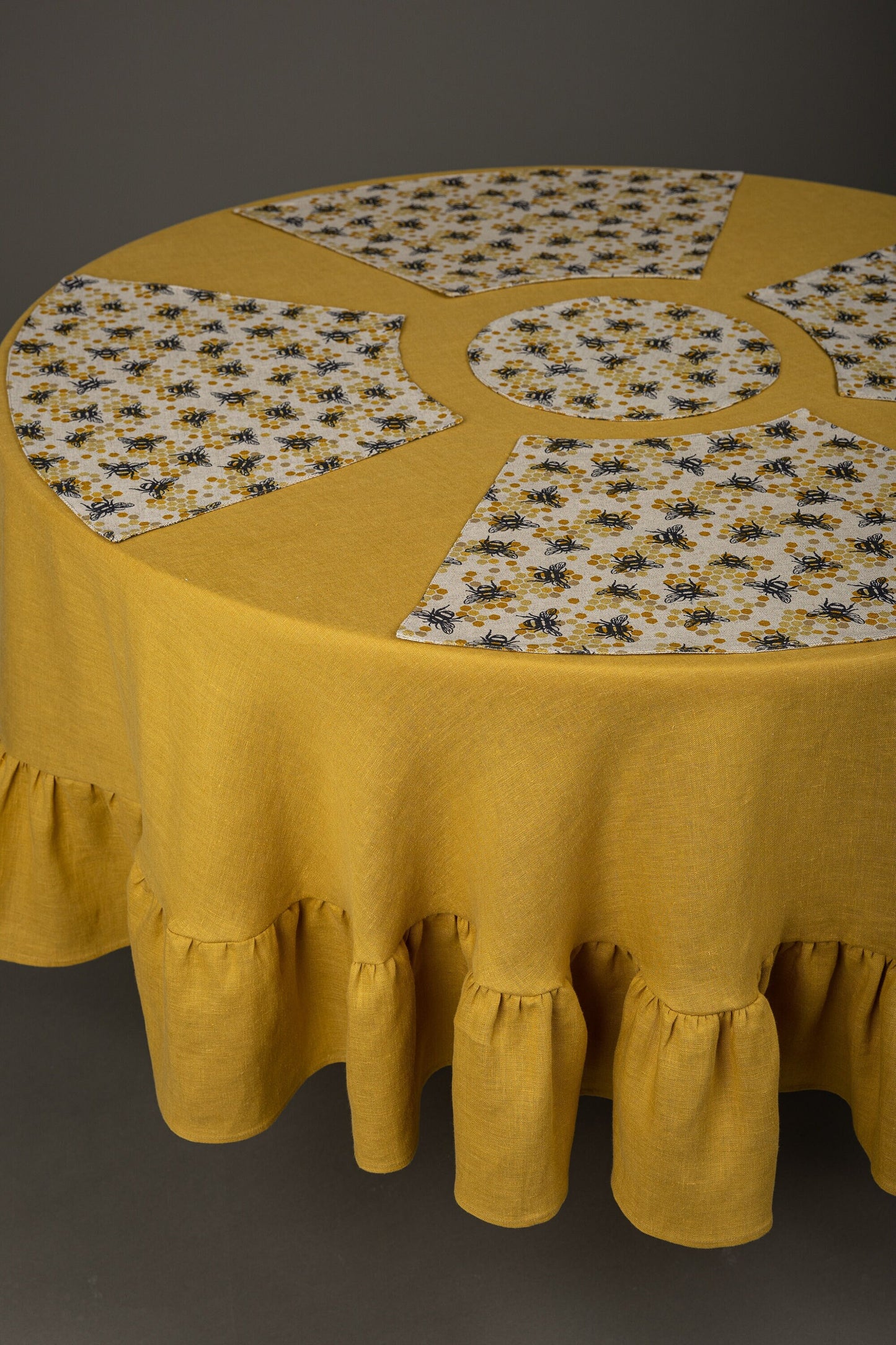 Honeybee placemat set for round table, Bumblebee reversible mats, Busy bees linen toppers, Honeycomb linen placemat set, Gift for bee fan