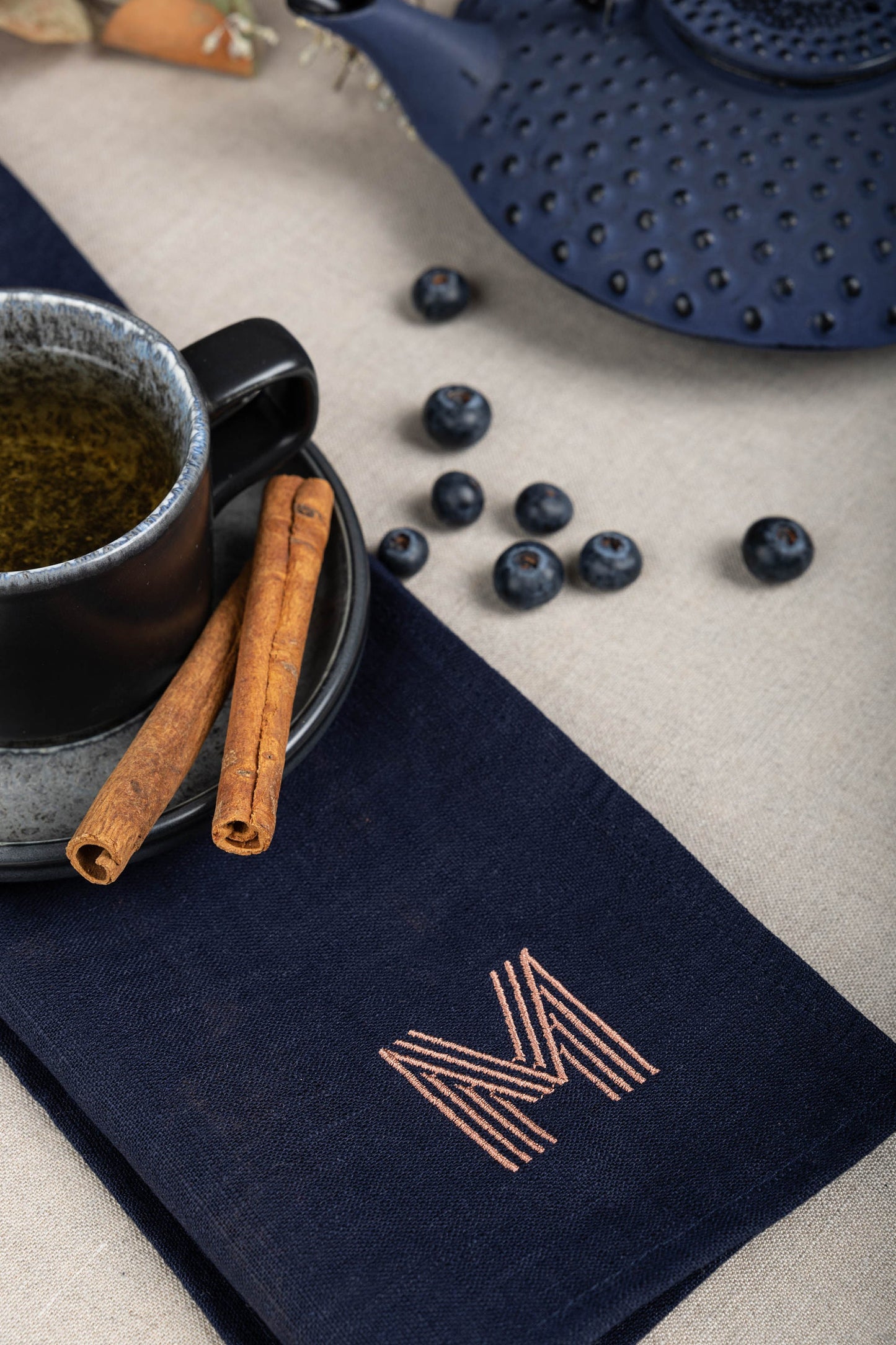 Embroidered napkins, Navy blue dinner napkins, Linen serviette, Personalized table decorations