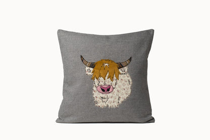 Highland cow cushion cover, Birthday gift for Highland cow lover, Cow pillow cover 40x40 cm,  Applique throw cover for Highland cow fan