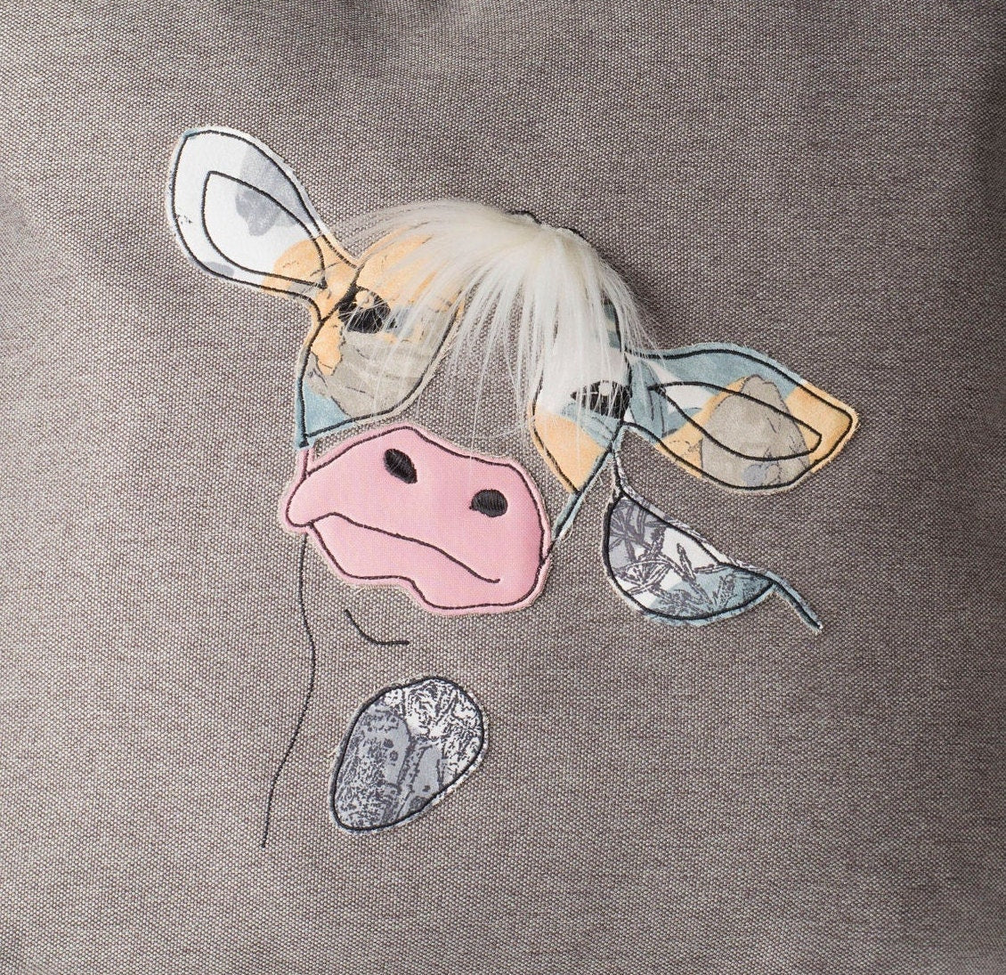 Birthday gift for cow lover, Cute cow pillow cover,  Applique throw pillow cover for cow fan, Country themed cushion decor