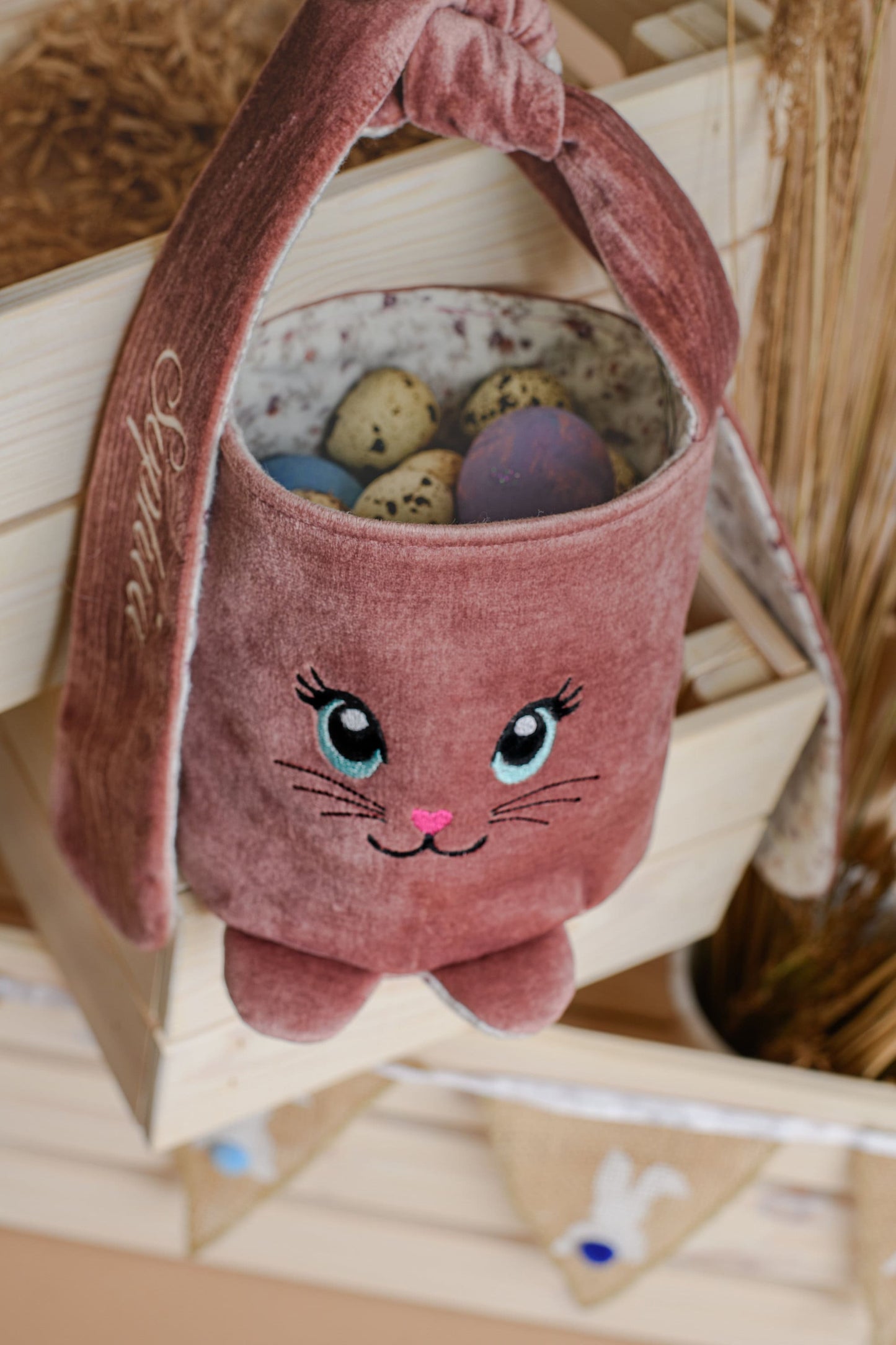 Easter bunny bag with name, First Easter bunny basket, Personalized kids Easter egg hunt bucket, Embroidered pink / gray children Easter bag