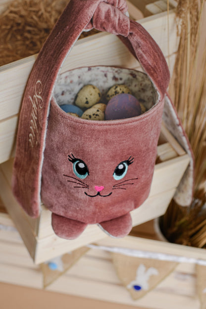 Easter bunny bag with name, First Easter bunny basket, Personalized kids Easter egg hunt bucket, Embroidered pink / gray children Easter bag