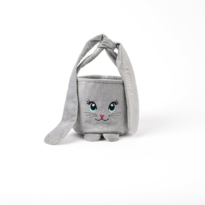 Easter bunny bag with name, First Easter bunny basket, Personalized kids Easter egg hunt bucket, Embroidered pink / gray children Easter bag