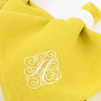 Chartreuse yellow linen monogrammed napkins, Personalized Mother's Day dinner napkins, Embroidered napkins