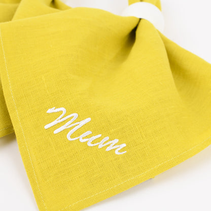 Chartreuse yellow linen monogrammed napkins, Personalized Mother's Day dinner napkins, Embroidered napkins