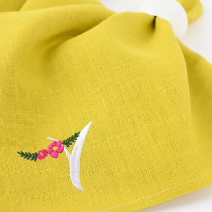 Chartreuse yellow linen monogrammed napkins, Personalized Mother's Day dinner napkins, Embroidered napkins