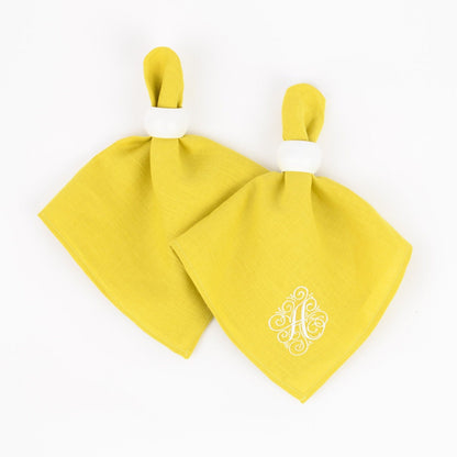 Chartreuse yellow linen monogrammed napkins, Personalized Mother's Day dinner napkins, Embroidered napkins