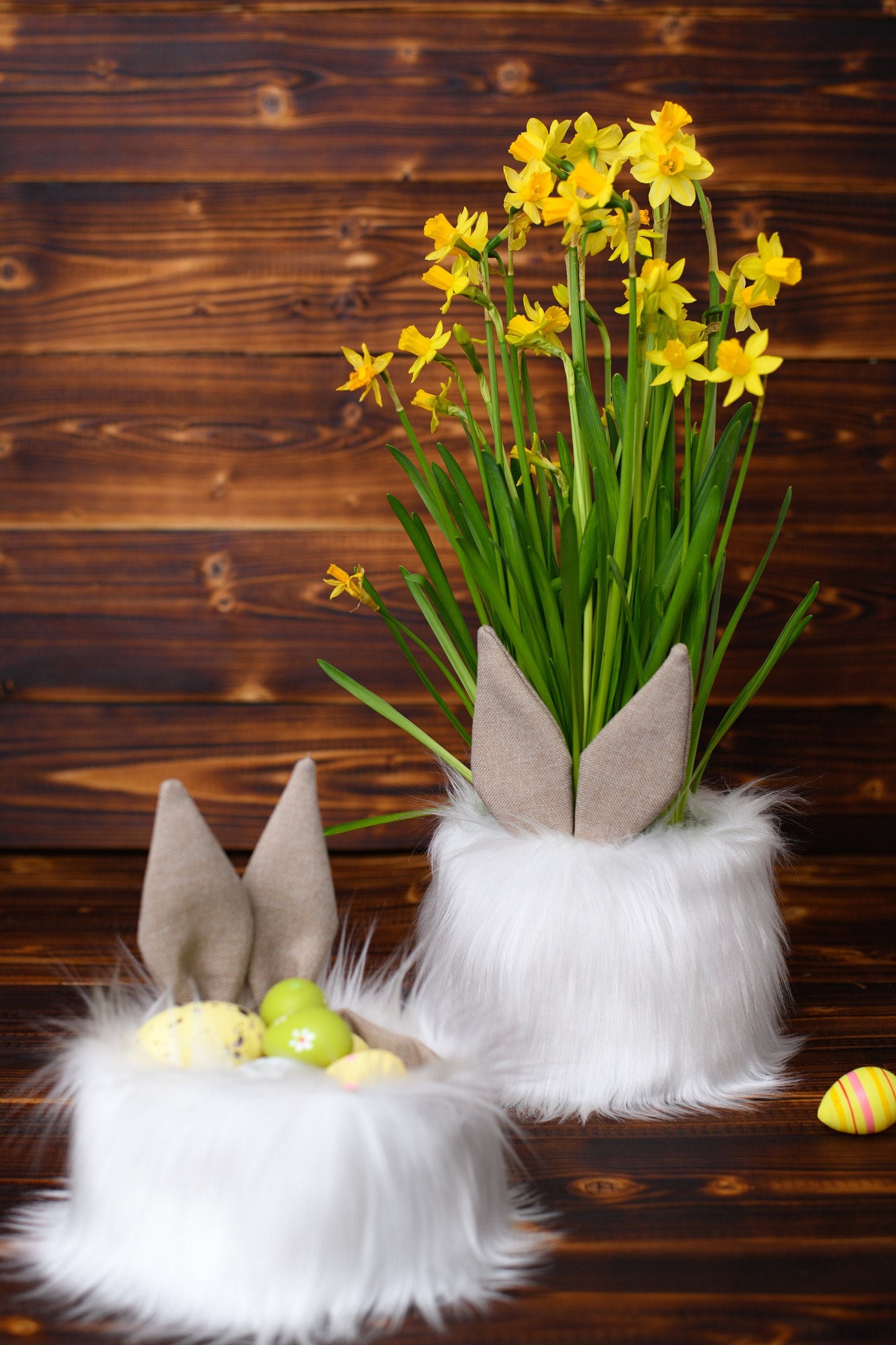 Easter bunny chair décor, Easter bunny table decorations, Cute reusable fur Easter bunny egg basket
