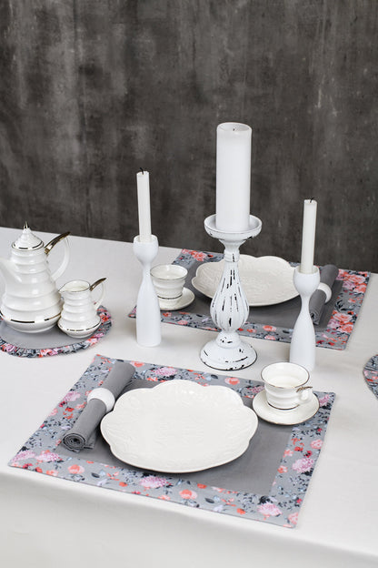 Placemats with roses, Floral grey placemats, Elegant table toppers, Afternoon tea table linen, Flower fan linen, Rose fan gift, Rose décor
