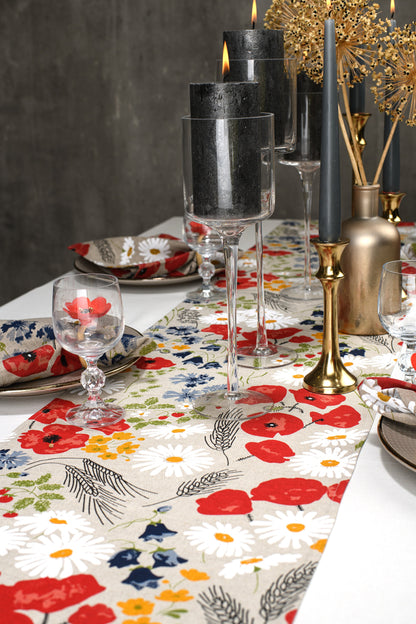 Poppy flower table runner with napkins, Floral table linen, Nature inspired table linen