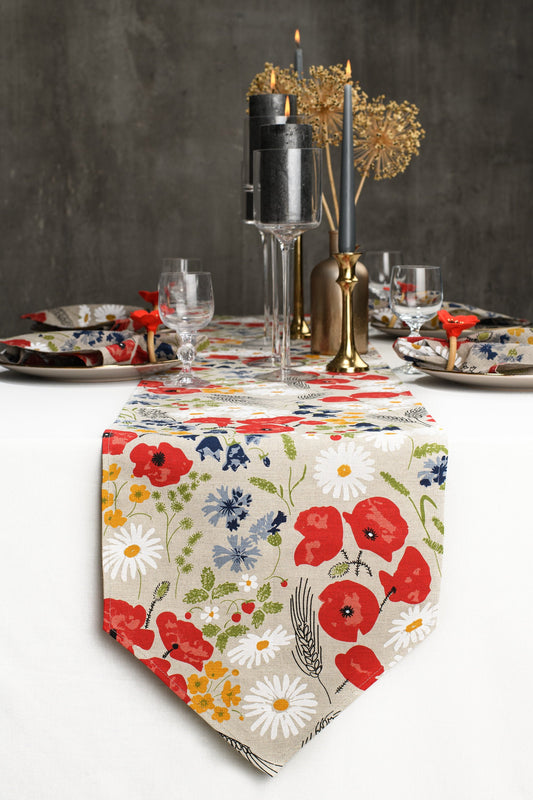 Poppy flower table runner with napkins, Floral table linen, Nature inspired table linen