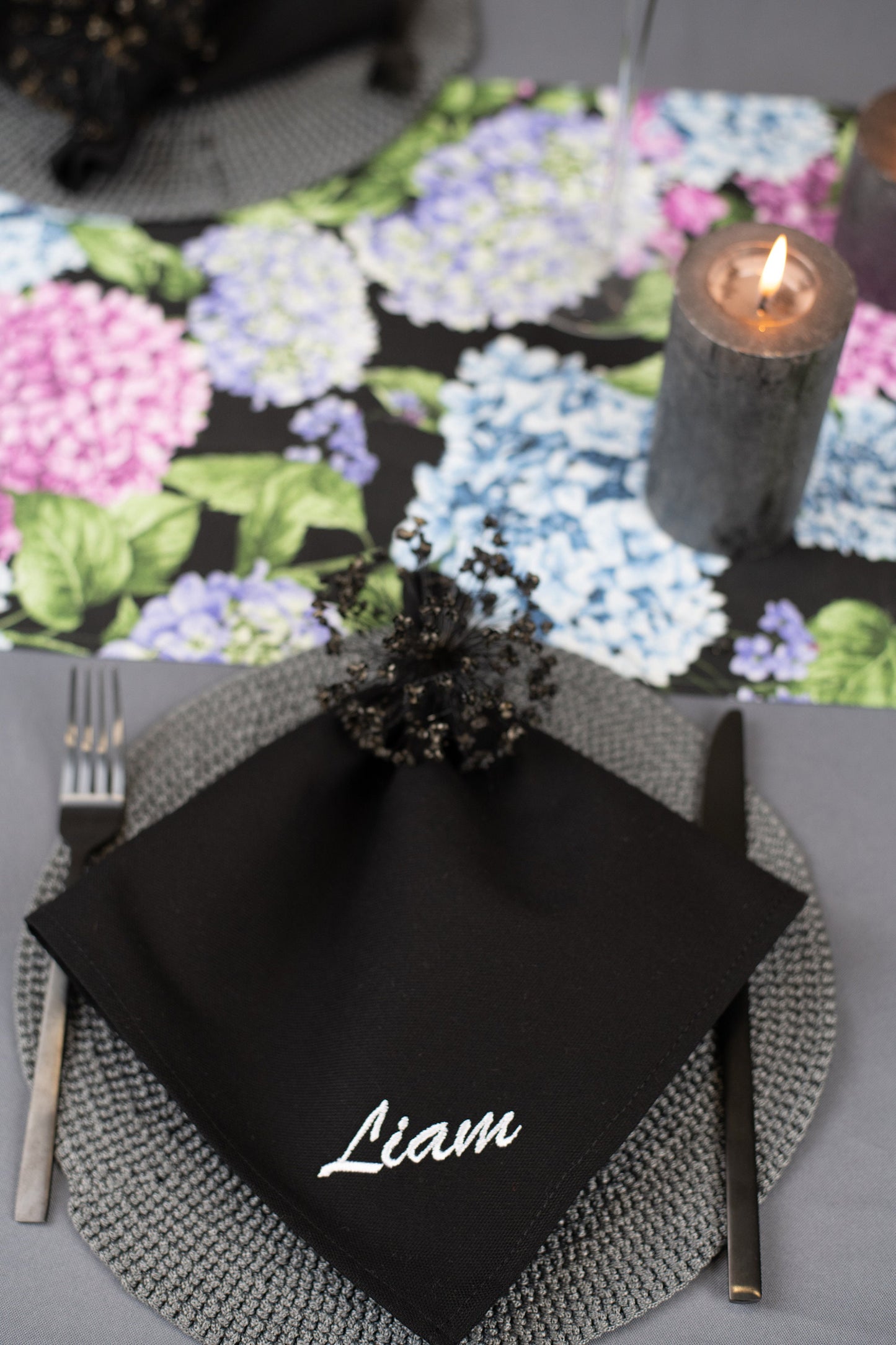 Black napkins personalized, Cocktail black napkins with name, Customized black table serviettes