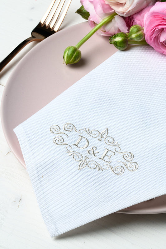 Personalized white wedding napkins, Embroidered initials on wedding napkin, Wedding monogram cloth