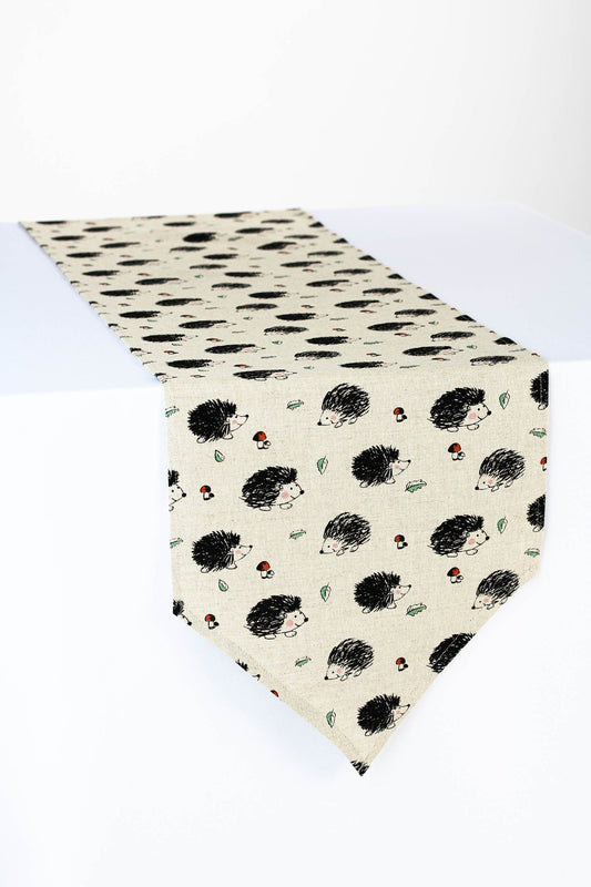 Hedgehog table runner, Woodland table linen, Forest kitchen decoration, Table rustic centerpiece, Hedgehog gift for her, Coffee table runner