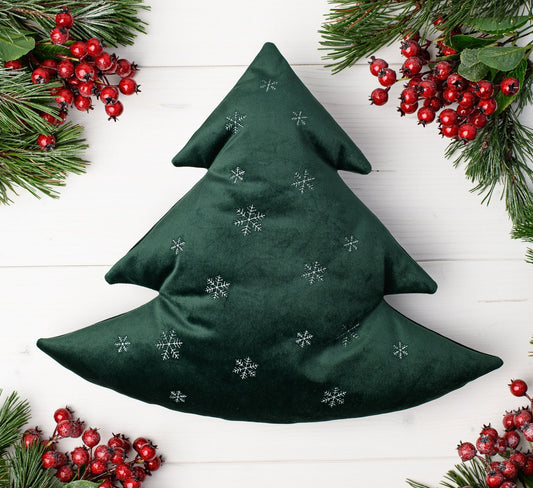 Green velvet Christmas tree pillow * Christmas sofa decorations * Christmas tree shaped cushion with embroidered snowflakes