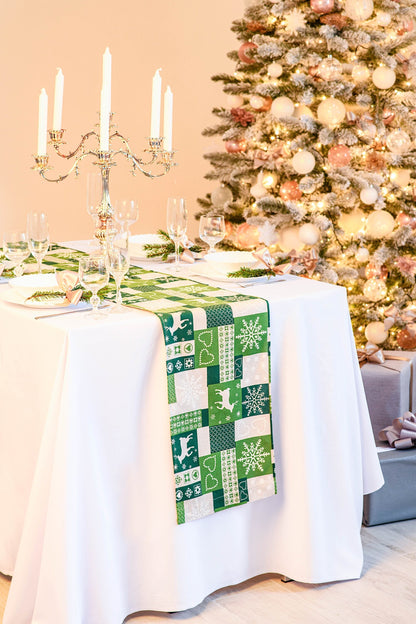 Reindeer table runner, Green Christmas table topper, Festive table decoration, Holiday table dresser, Cute snowflake table centerpiece