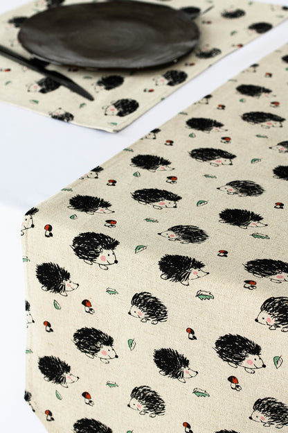 Hedgehog table runner, Woodland table linen, Forest kitchen decoration, Table rustic centerpiece, Hedgehog gift for her, Coffee table runner