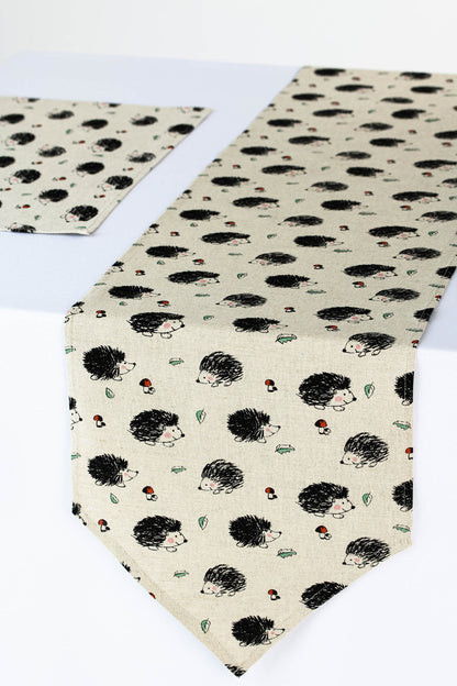 Hedgehog table runner, Woodland table linen, Forest kitchen decoration, Table rustic centerpiece, Hedgehog gift for her, Coffee table runner