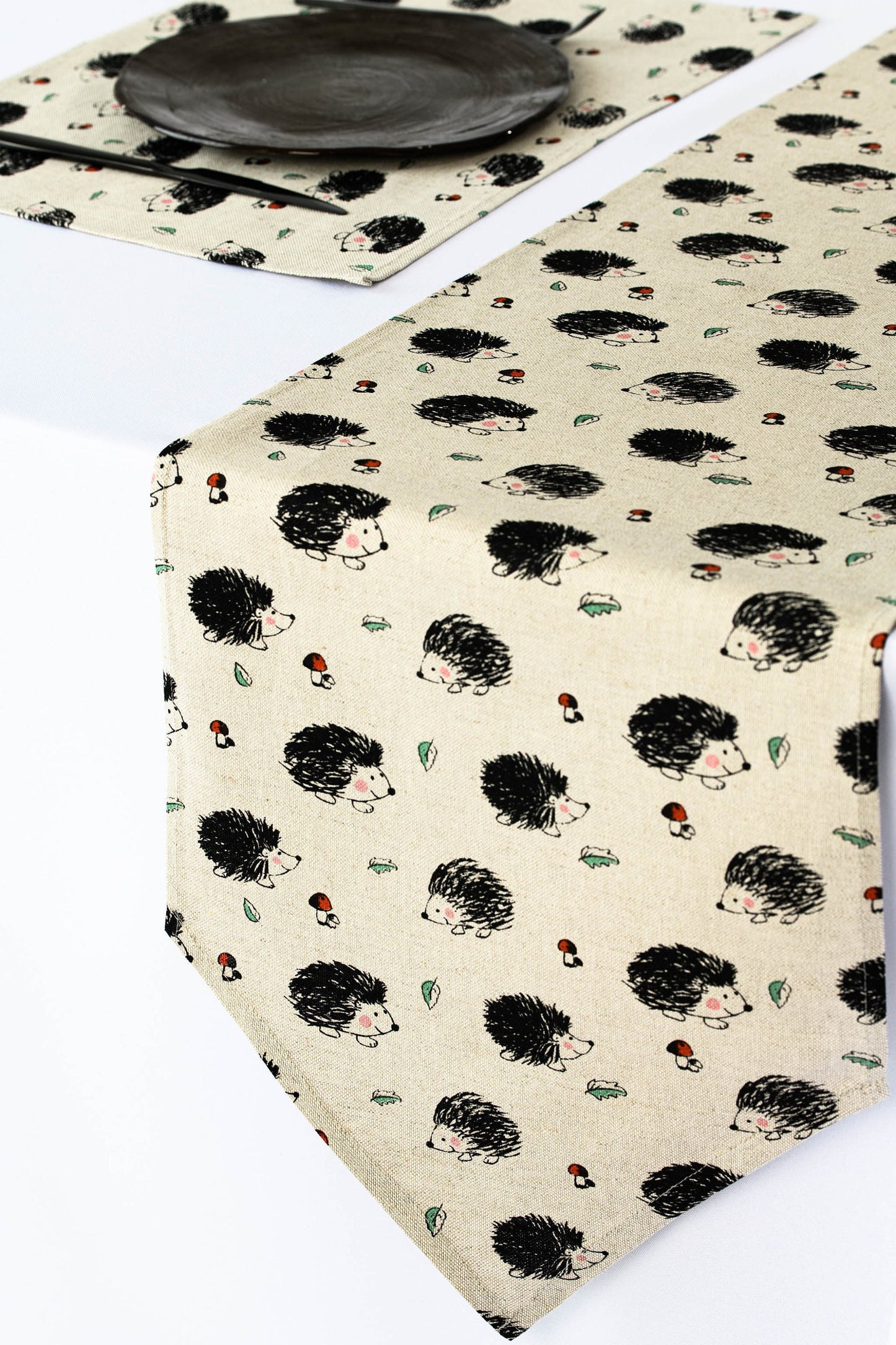 Hedgehog table runner, Woodland table linen, Forest kitchen decoration, Table rustic centerpiece, Hedgehog gift for her, Coffee table runner