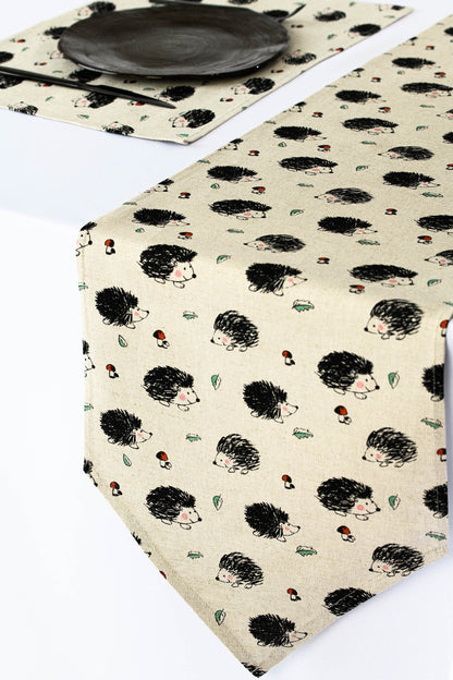 Hedgehog table runner, Woodland table linen, Forest kitchen decoration, Table rustic centerpiece, Hedgehog gift for her, Coffee table runner