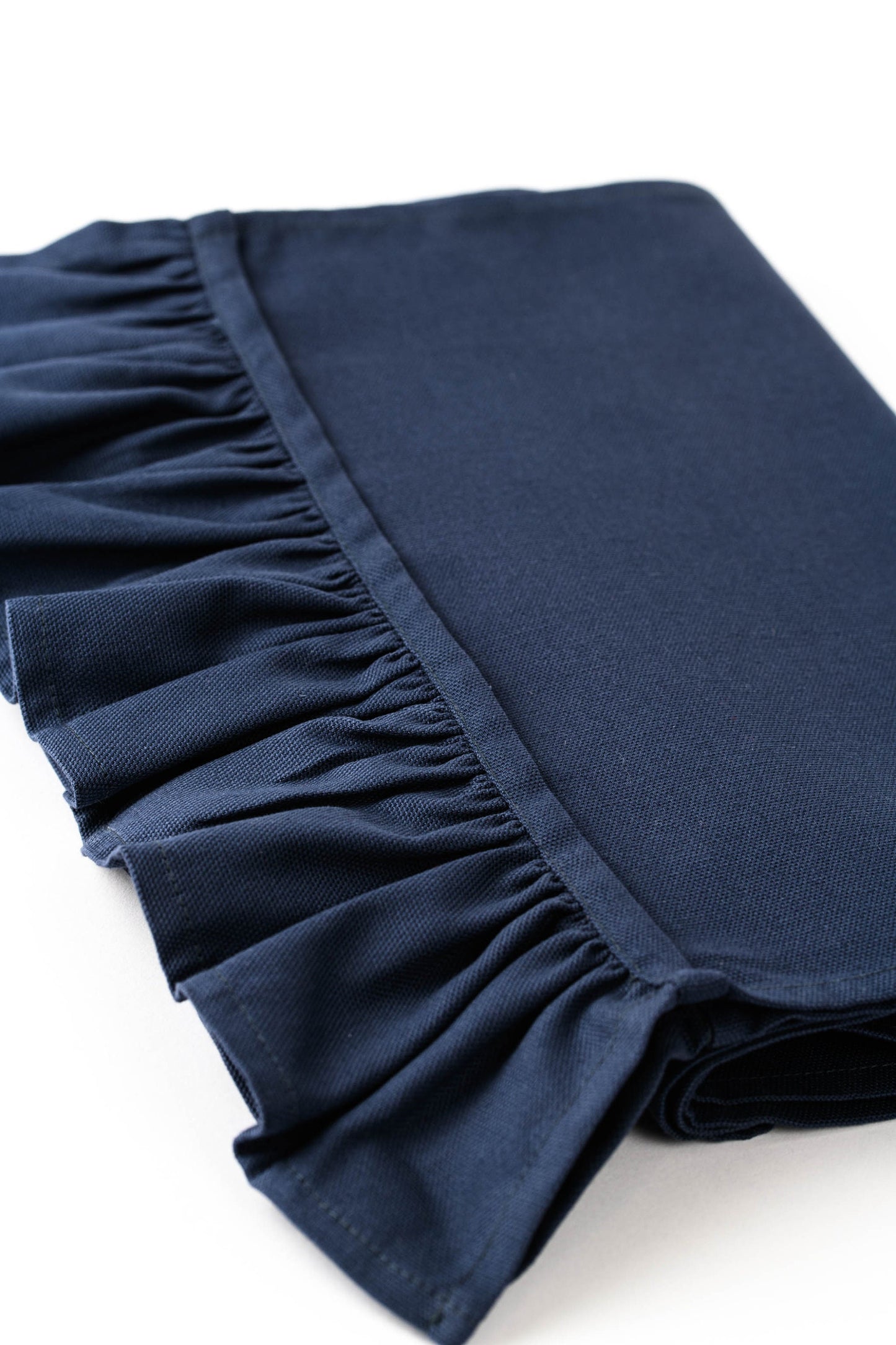 Navy blue linen table runner with ruffled ends, Blue wedding table centerpiece