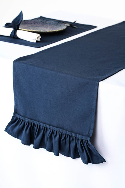 Navy blue linen table runner with ruffled ends, Blue wedding table centerpiece