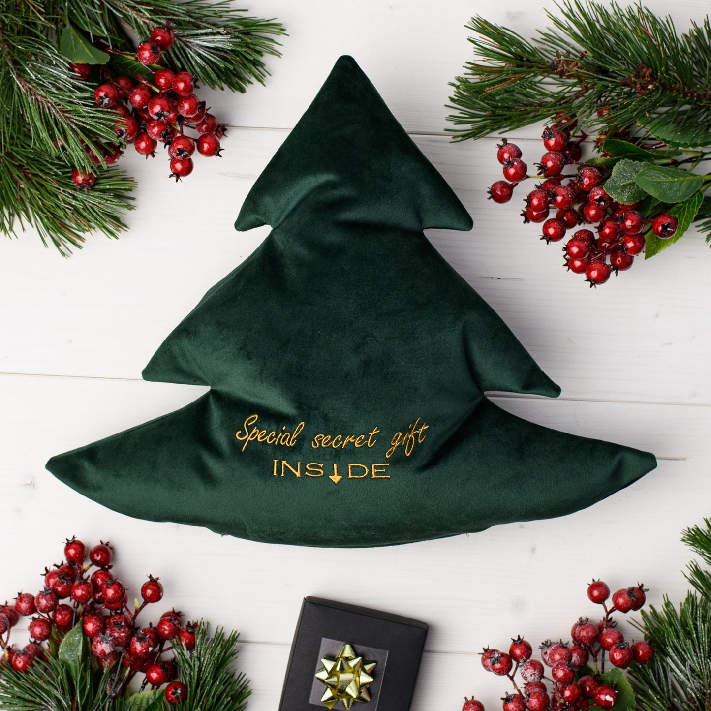Christmas tree shaped cushion with secret pocket * Original gift packing * Cute Christmas tree pillow * Special hidden gift cushion