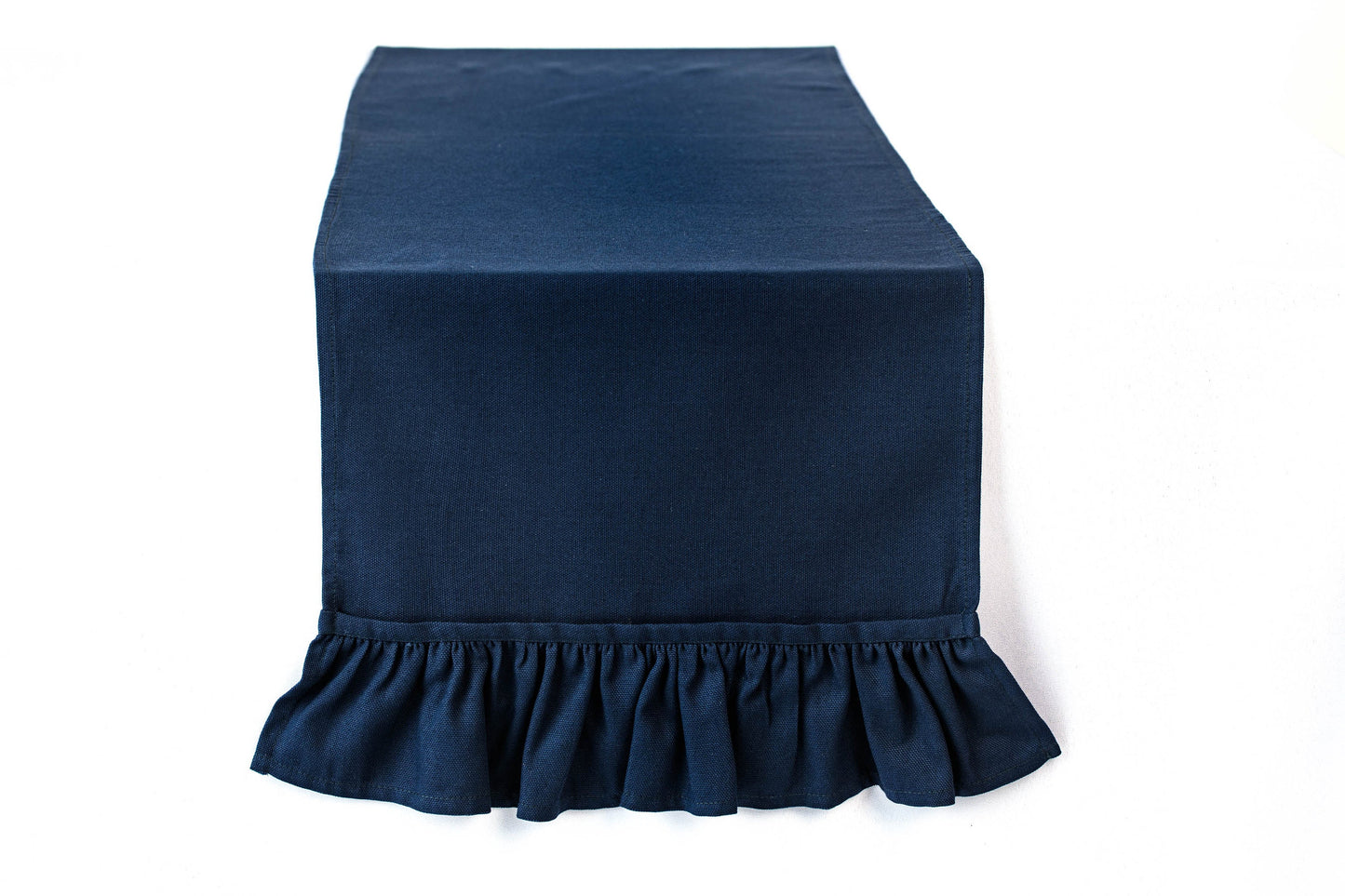 Navy blue linen table runner with ruffled ends, Blue wedding table centerpiece