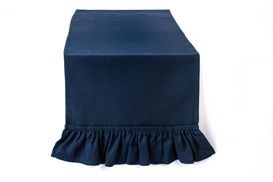 Navy blue linen table runner with ruffled ends, Blue wedding table centerpiece