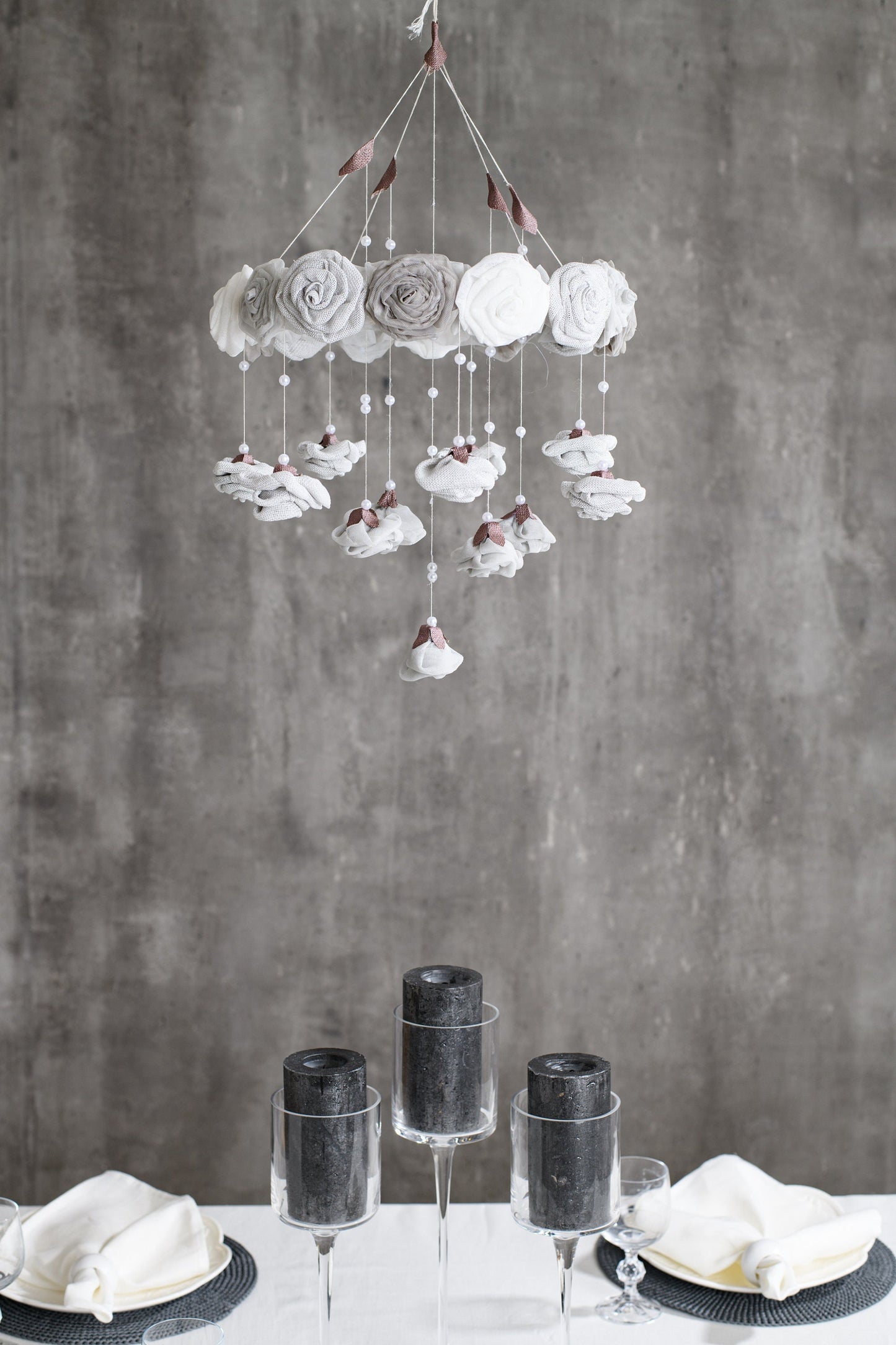Flower mobile, Roses hanging garden, Elegant wedding rose and pearl chandelier, Nursery flower hanging décor, Baby shower mobile
