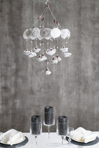Flower mobile, Roses hanging garden, Elegant wedding rose and pearl chandelier, Nursery flower hanging décor, Baby shower mobile