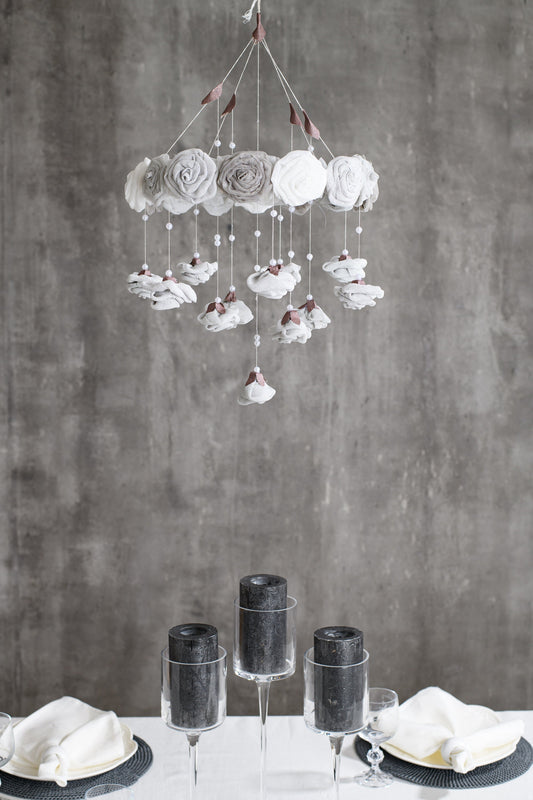 Flower mobile, Roses hanging garden, Elegant wedding rose and pearl chandelier, Nursery flower hanging décor, Baby shower mobile