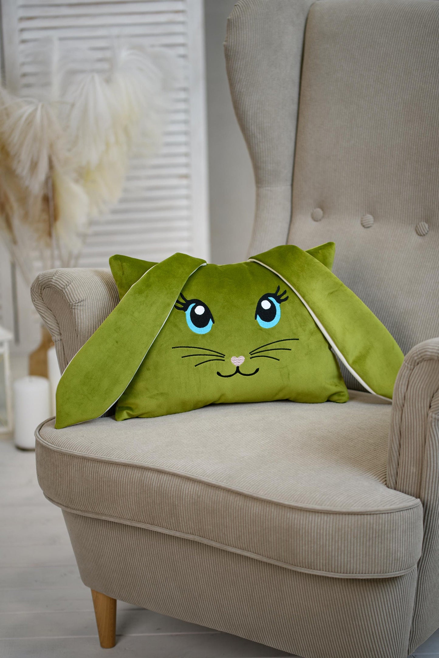 Bunny shaped pillow for kids, Personalized bunny, Rabbit pillow with ears, Easter sofa decoration, Green nursery décor, Embroidered bunny