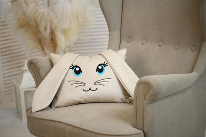 Bunny shaped pillow for kids, Personalized bunny, Rabbit pillow with ears, Easter sofa decoration, Green nursery décor, Embroidered bunny