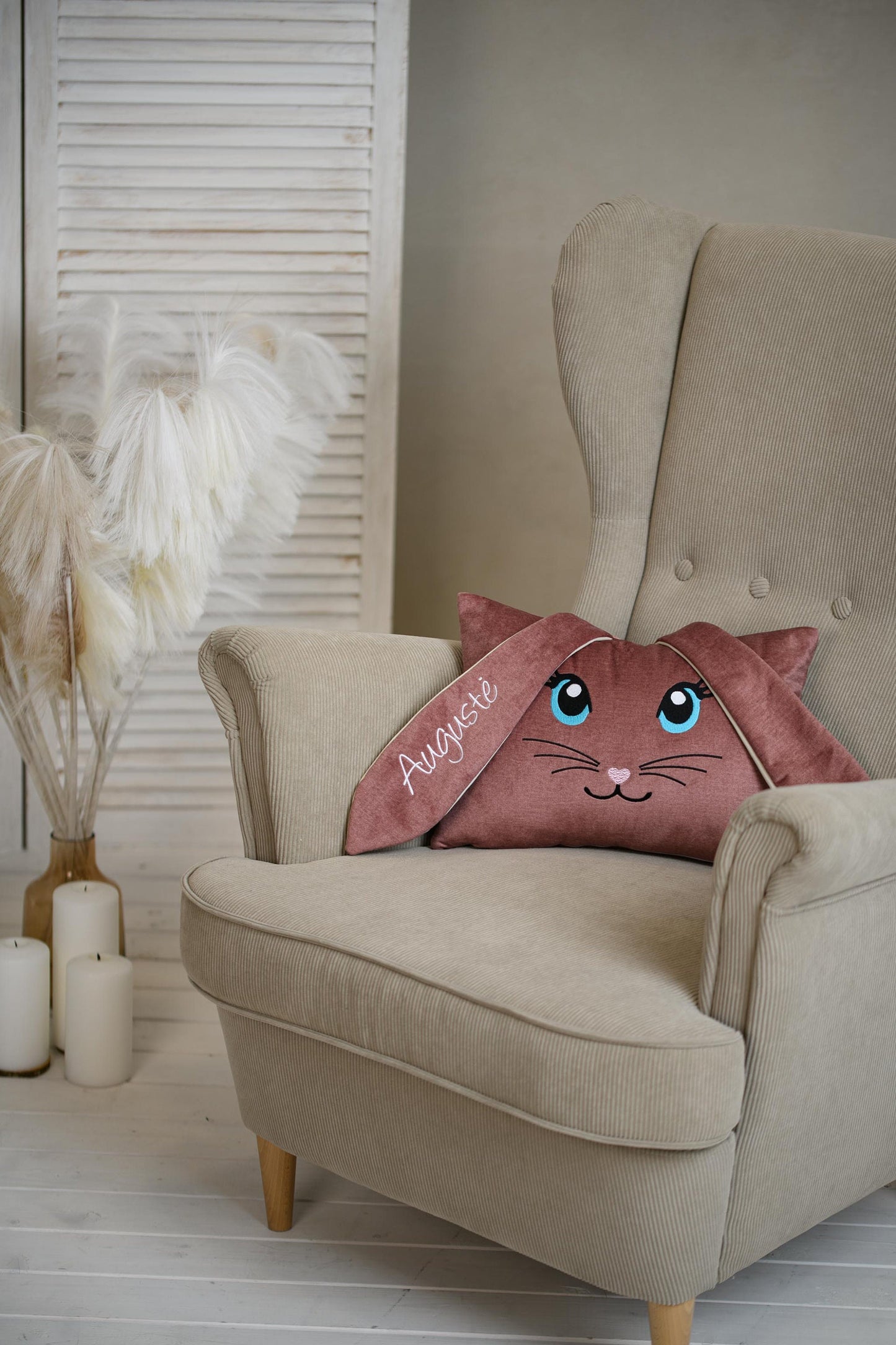 Dusty pink nursery décor, Personalized pink bunny cushion, Baby girl room decoration, Custom Easter Bunny, Embroidered Baby shower decor