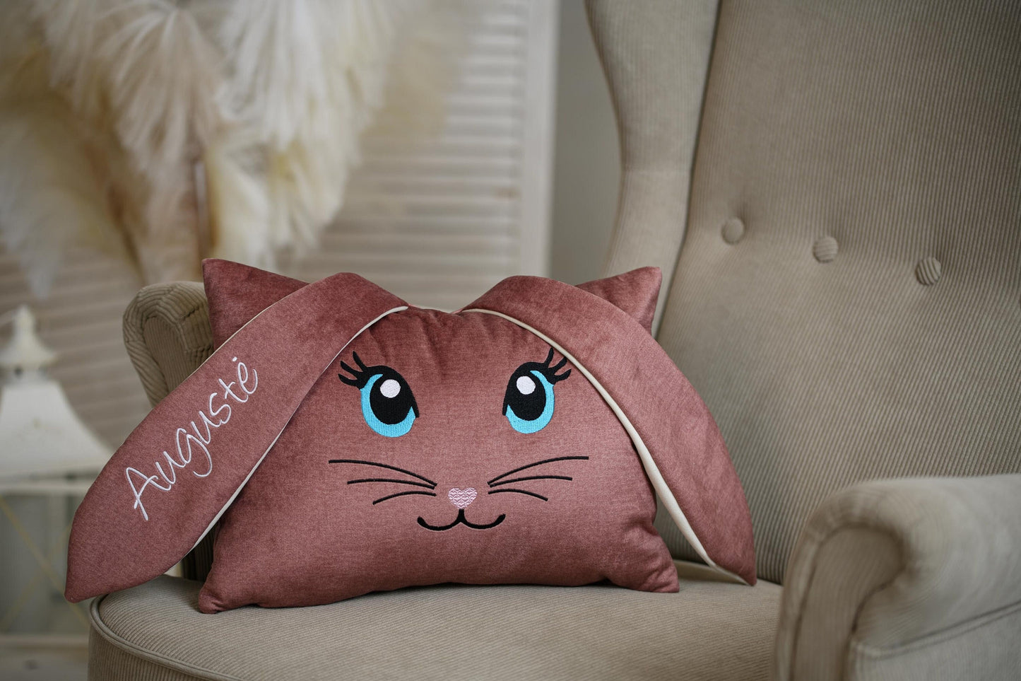 Dusty pink nursery décor, Personalized pink bunny cushion, Baby girl room decoration, Custom Easter Bunny, Embroidered Baby shower decor