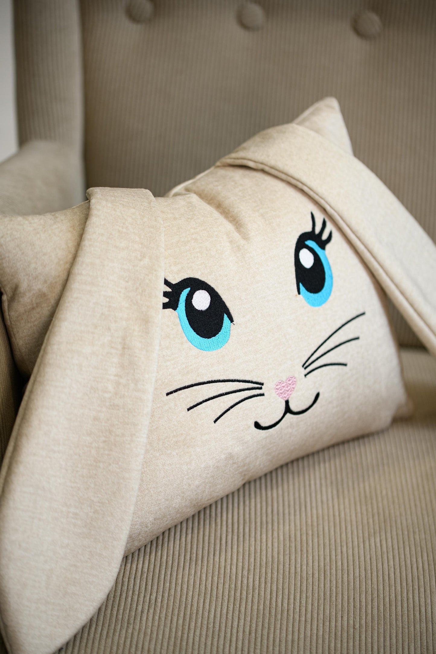 Cute velvet beige bunny cushion for kids room, Personalized baby girl boy room decoration, Embroidered Easter Bunny pillow with ears