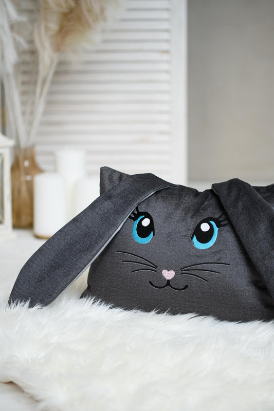 Easter rabbit pillow with embroidered kid name, Dark grey velvet bunny cushion,  Personalized charcoal grey hare throw pillow