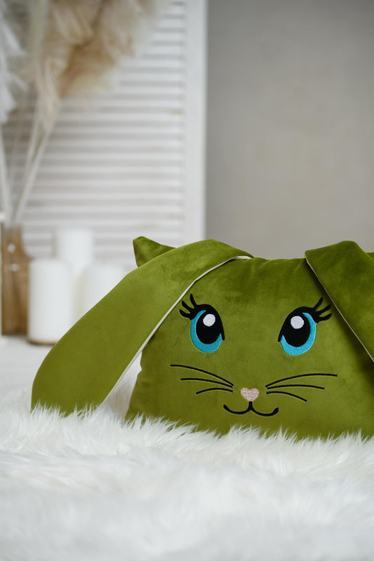 Bunny shaped pillow for kids, Personalized bunny, Rabbit pillow with ears, Easter sofa decoration, Green nursery décor, Embroidered bunny