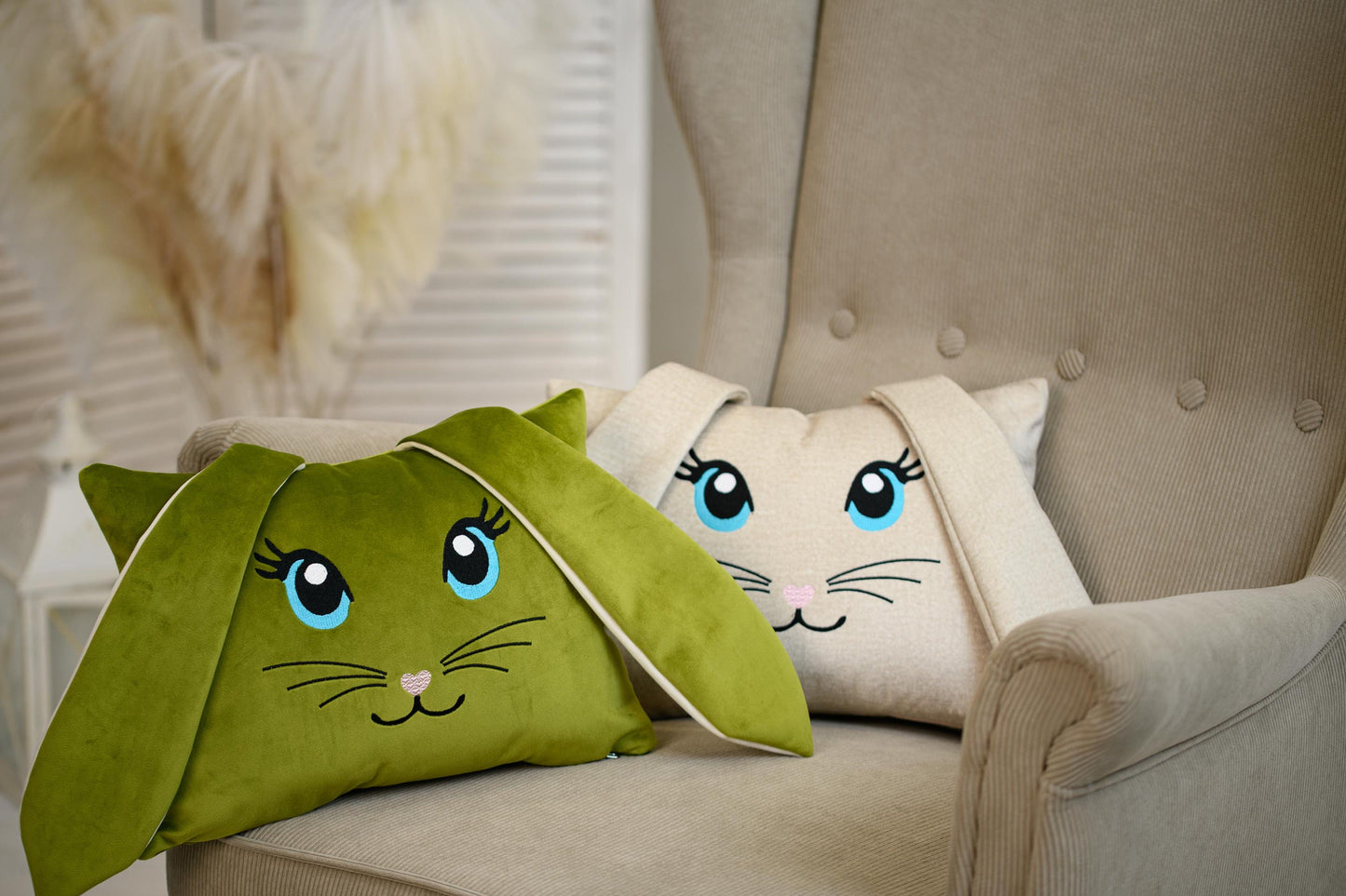 Bunny shaped pillow for kids, Personalized bunny, Rabbit pillow with ears, Easter sofa decoration, Green nursery décor, Embroidered bunny