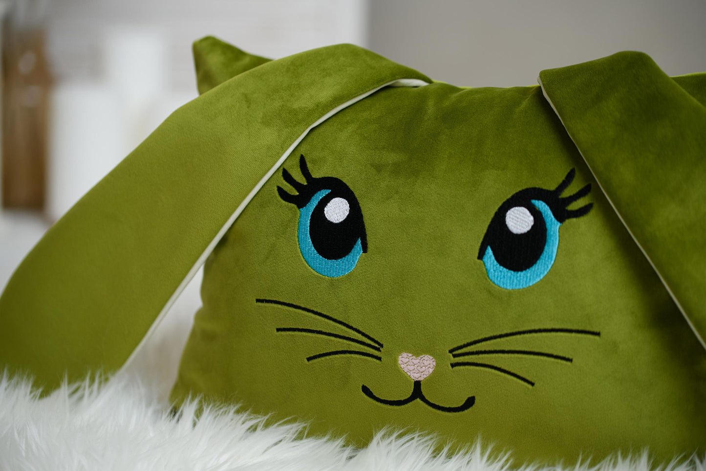 Bunny shaped pillow for kids, Personalized bunny, Rabbit pillow with ears, Easter sofa decoration, Green nursery décor, Embroidered bunny